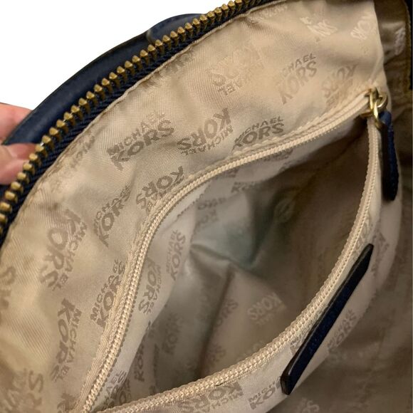 Michael Kors Saffiano Leather Satchel Crossbody Navy Gold MK Charm - Picture 12 of 13